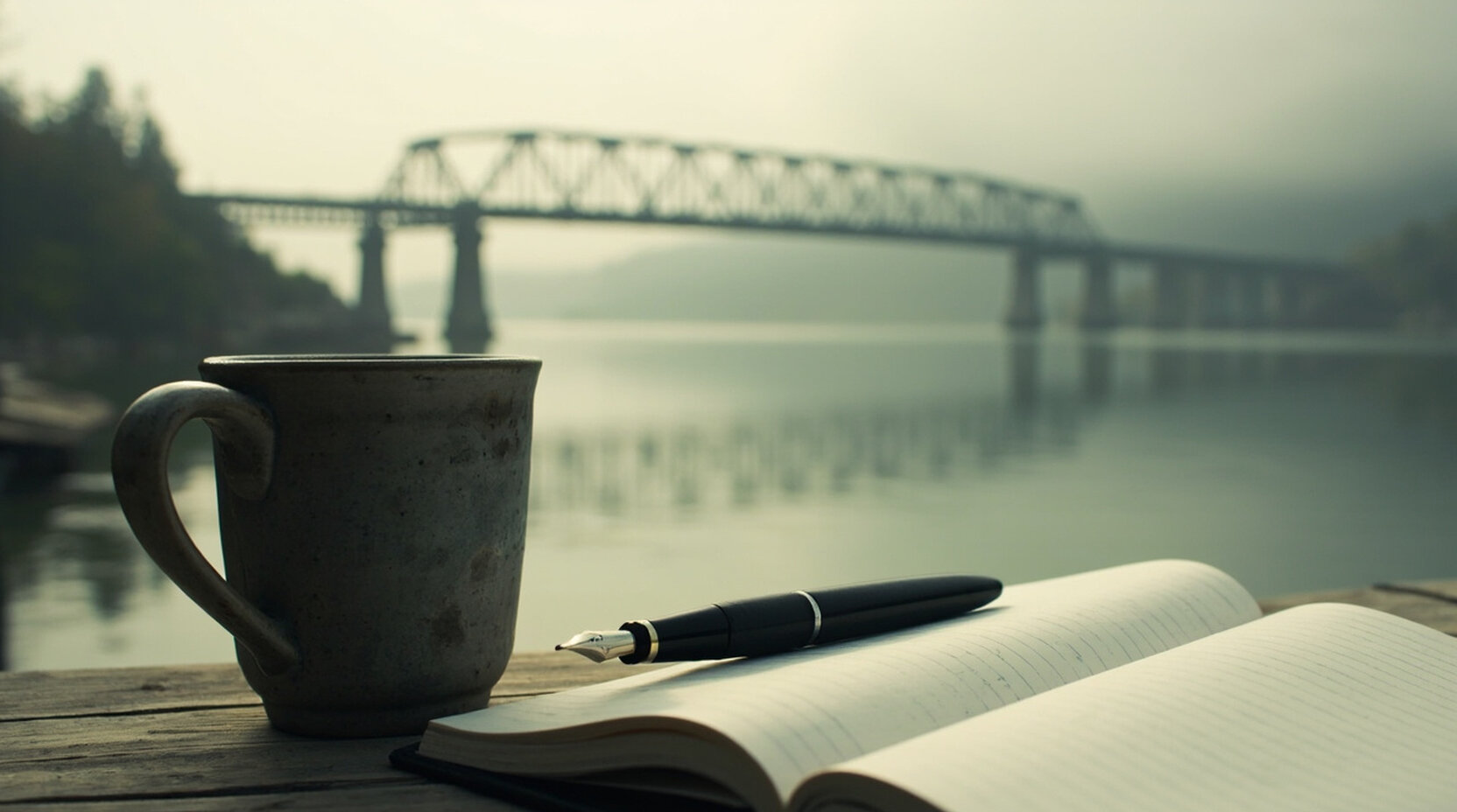Notebook and pencil open beside a coffee mug at a rain-streaked window looking onto a wet shopping street in Kelowna BC